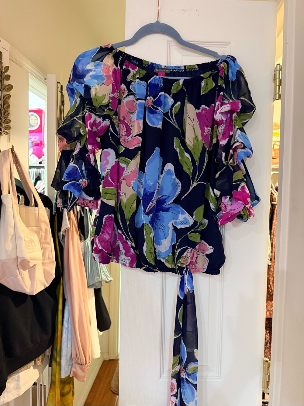 Vince Camuto Navy Floral Off-Shoulder Tie-Front Top